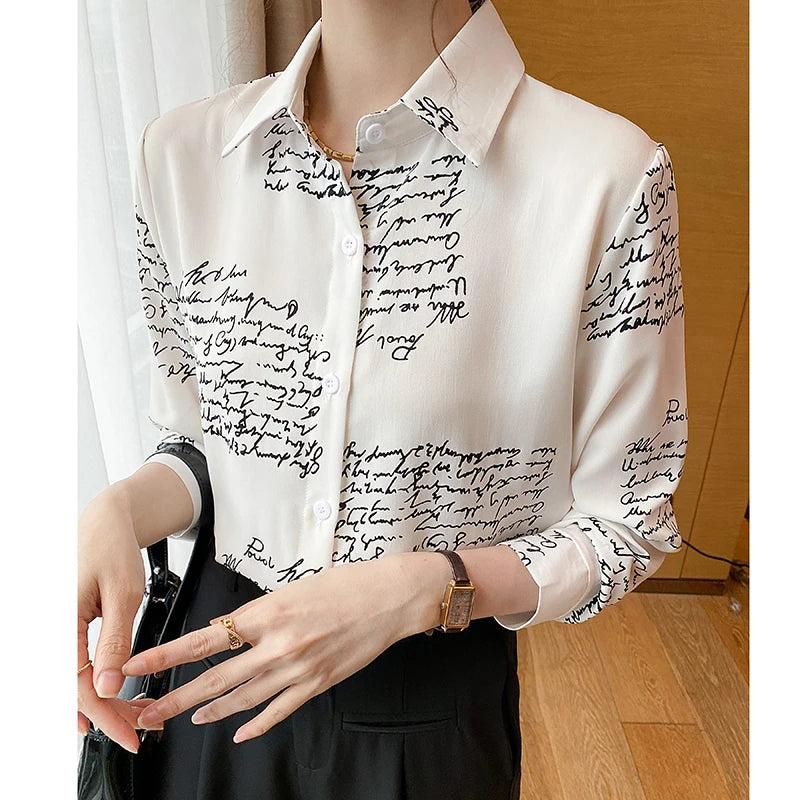 Women Spring Korean Loose Elegant Letter Printing All-match Long Sleeve Shirts Women Clothes Casual Office Lady Printing Tops