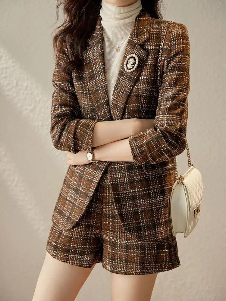 Autumn Winter Vintage Plaid Blazer Office Ladies 2 Piece Sets Korean Elegant Long Sleeve Suit Coat And High Waist Shorts Outfit