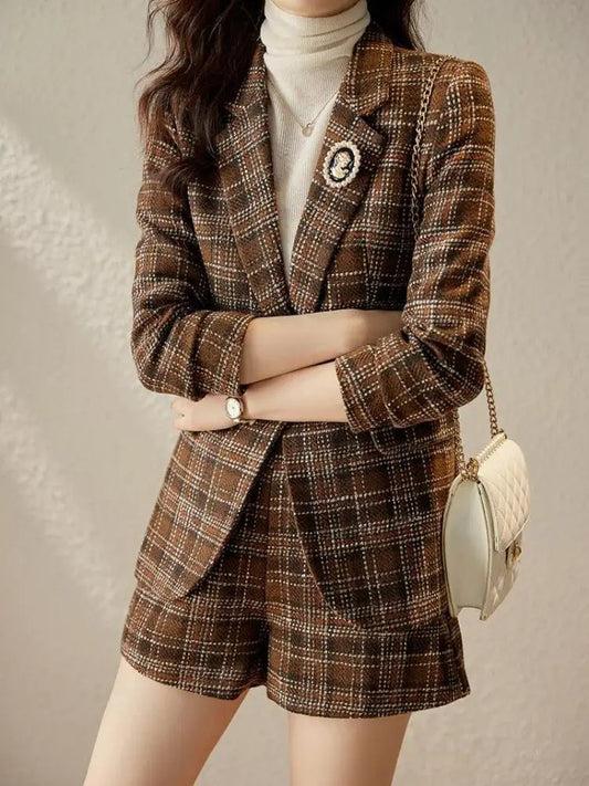 Women’s Plaid Blazer & High-Waist Shorts Set – Elegant 2-Piece Suit for Autumn & Winter