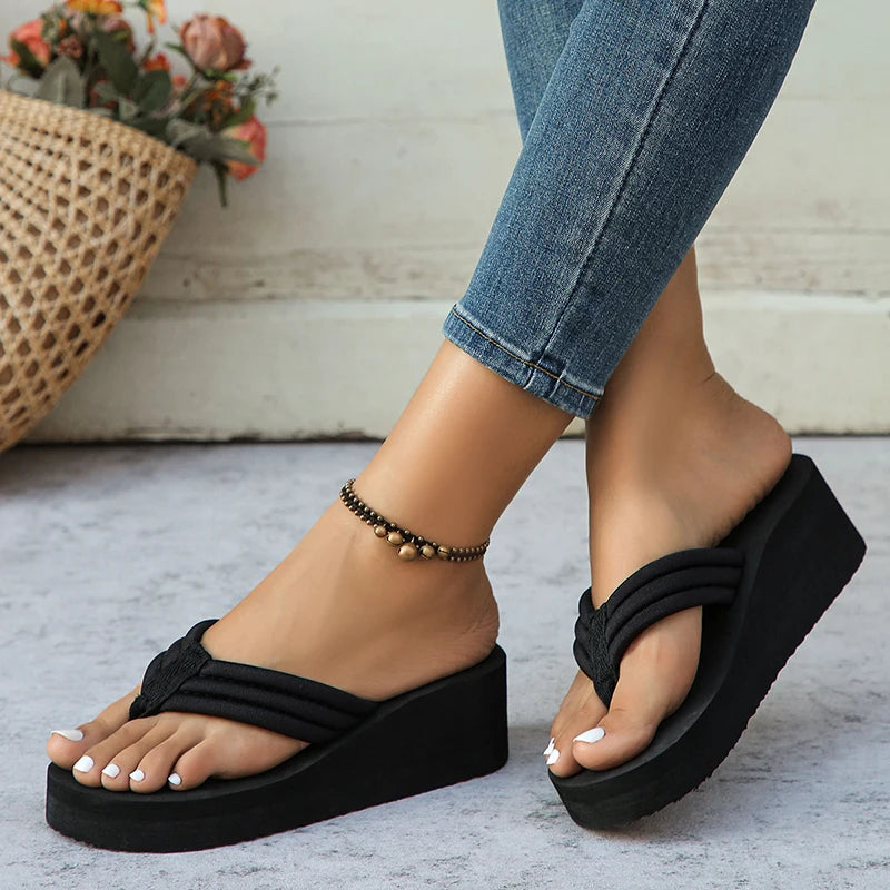 Summer Sandals Wedge Clip-Toe Platform Flip Flops — Thick-Bottom Non-Slip Beach Slides — view 4 of summer sandals