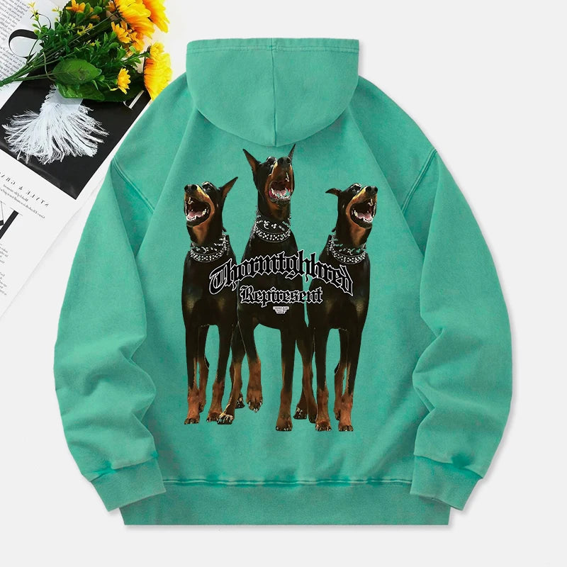 Doberman Pinscher Washed Hoodies Women 3 Dogs Printing Cotton Streetwear Oversize Pocket Warm Pullovers Winter Womans Clothes
