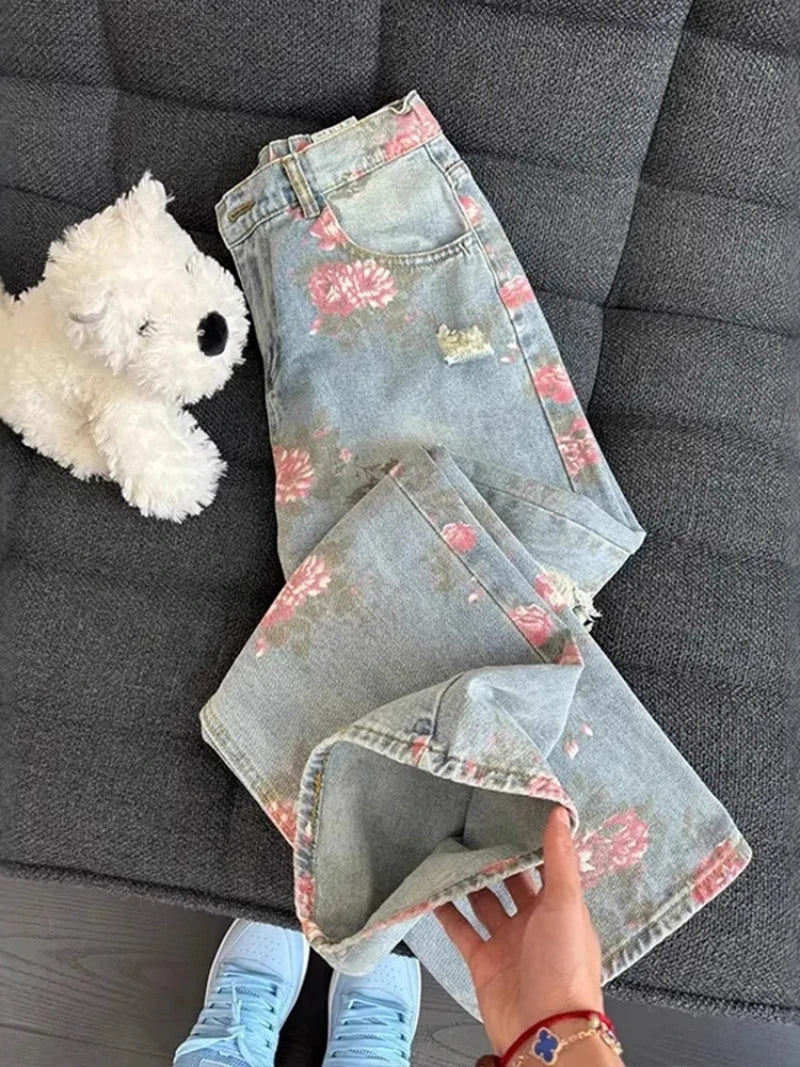 Y2K Vintage Floral Fringe Jeans — High-Waist Distressed Straight-Leg Denim — detail view