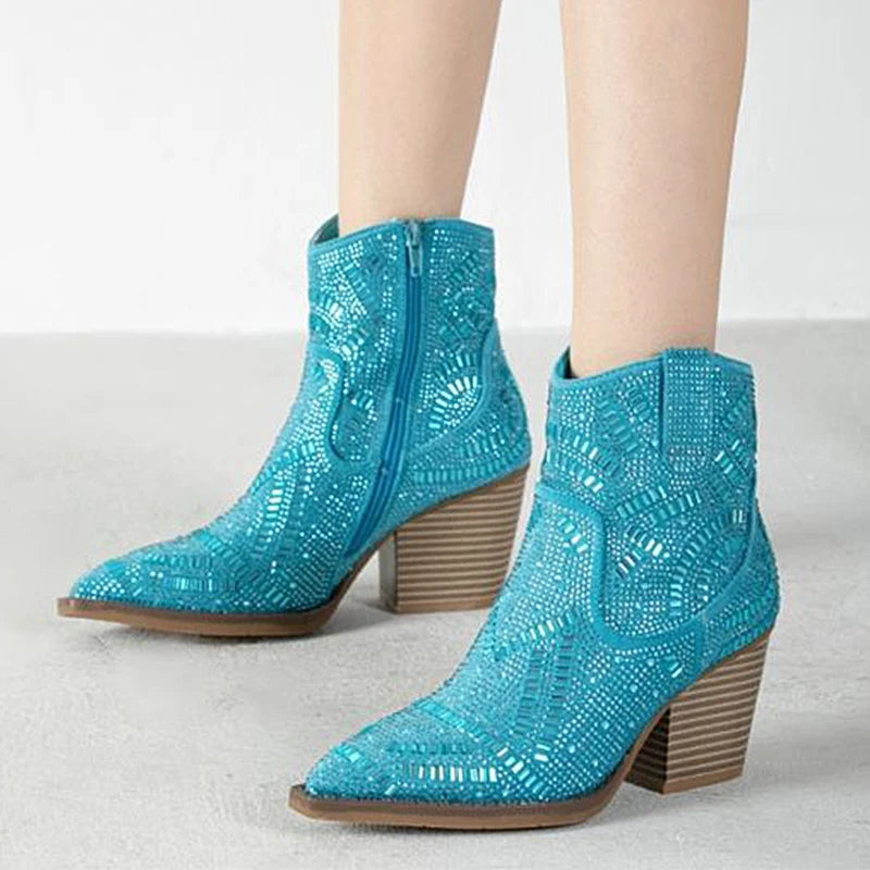 Diamond Chelsea Cowboy Boots — Y2K Western Ankle Boots with Crystal Detailing — view 2 of boots