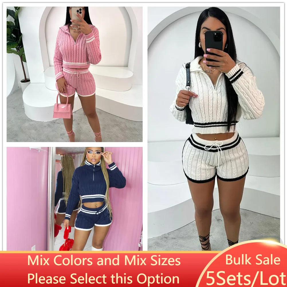 5Sets Bulk Wholesale Twist Knitting Outfit Casual Zipper Pullover Sweater + Drawstring Shorts Suit Women Fall Winter 2 Piece Set