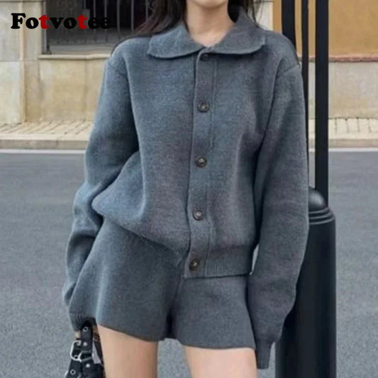 FOTVOTEE Fashion Knitted Suits for Women Lapel Single Breasted Cardigan High Waist Shorts Fall Winter New Elegant 2 Piece Sets