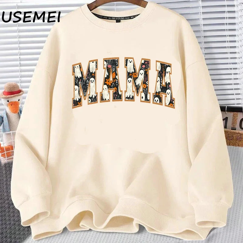 Mama Halloween Sweatshirt Mom Cute Spooky Crewneck Spooky Season Crewneck Sweatshirts Fall Floral Ghost Hoodies Women's Clothing