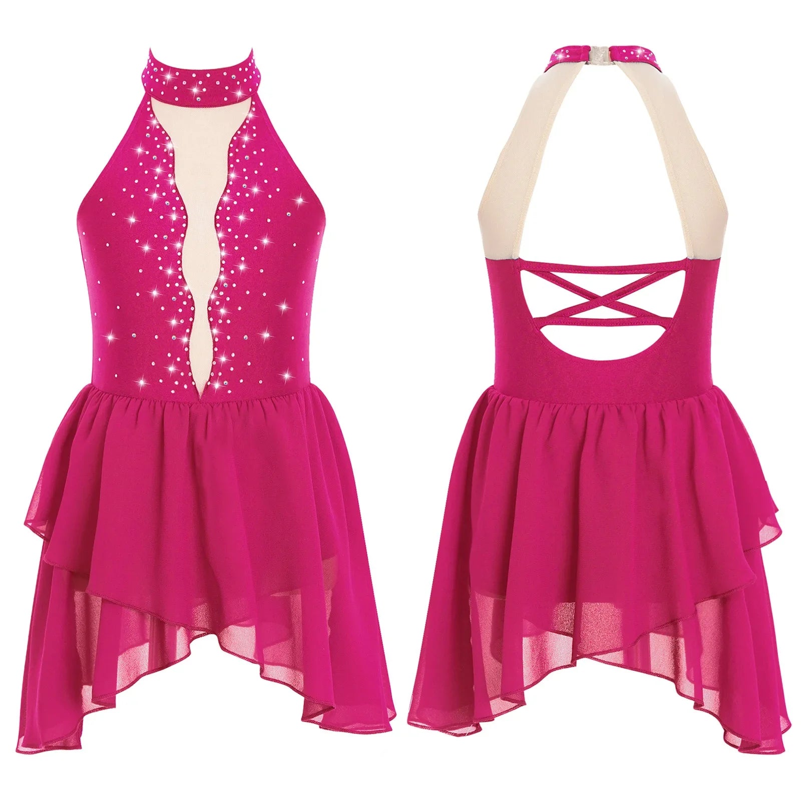Kids Girls Rhinestone Dance Dress - Ballet Gymnastics Sleeveless Mesh Leotard — view 13 of dance costumes