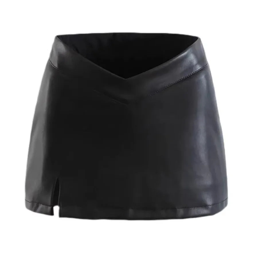 【HOT】Black PU leather skirt women's autumn V-shaped low-waisted hot girl small leather skirt hip split short skirt — view 5 of product