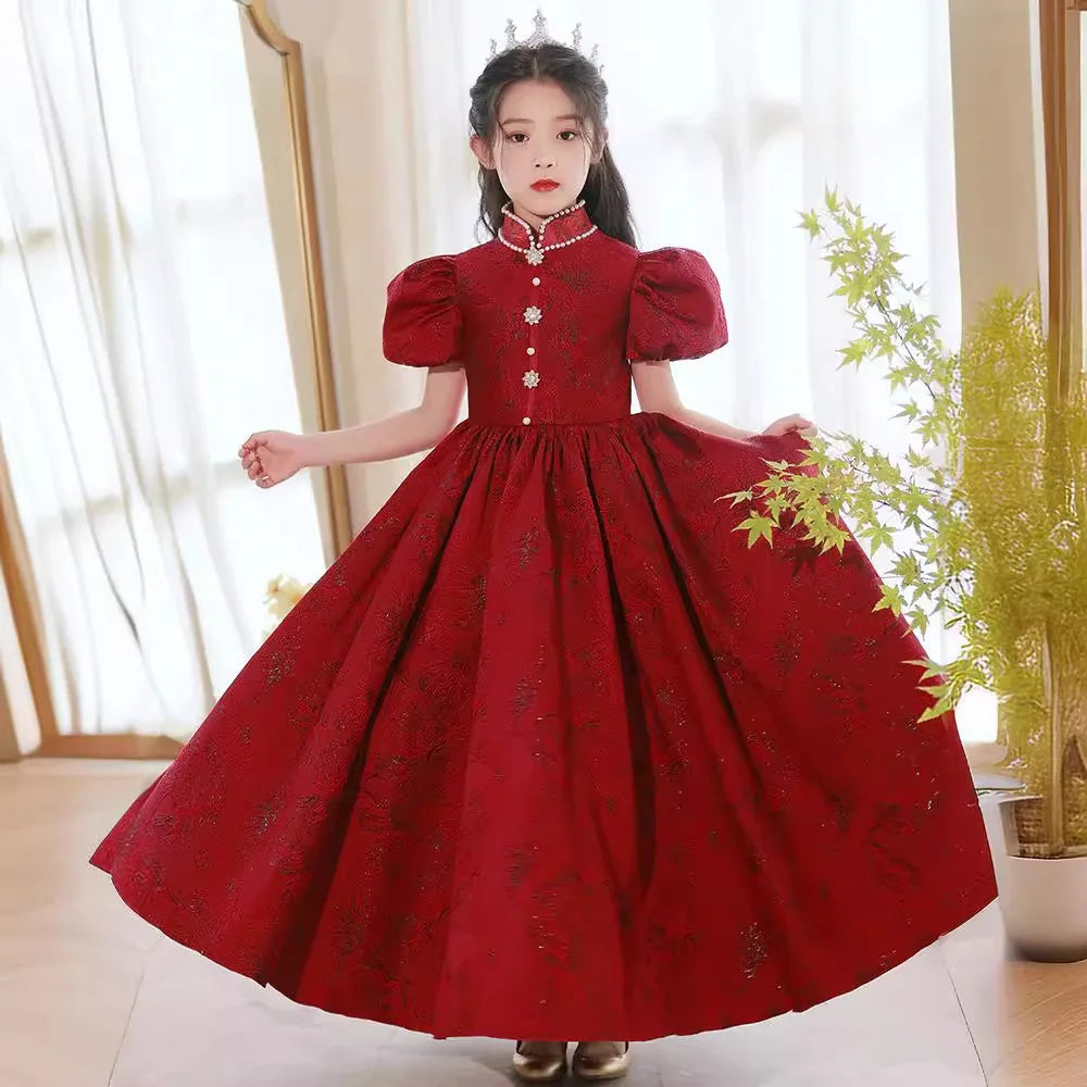 Classic Red Luxury Long Dresses For Girls Fashion Prom Host Elegant Costumes Formal Birthday Banquet Children High Quality Gowns