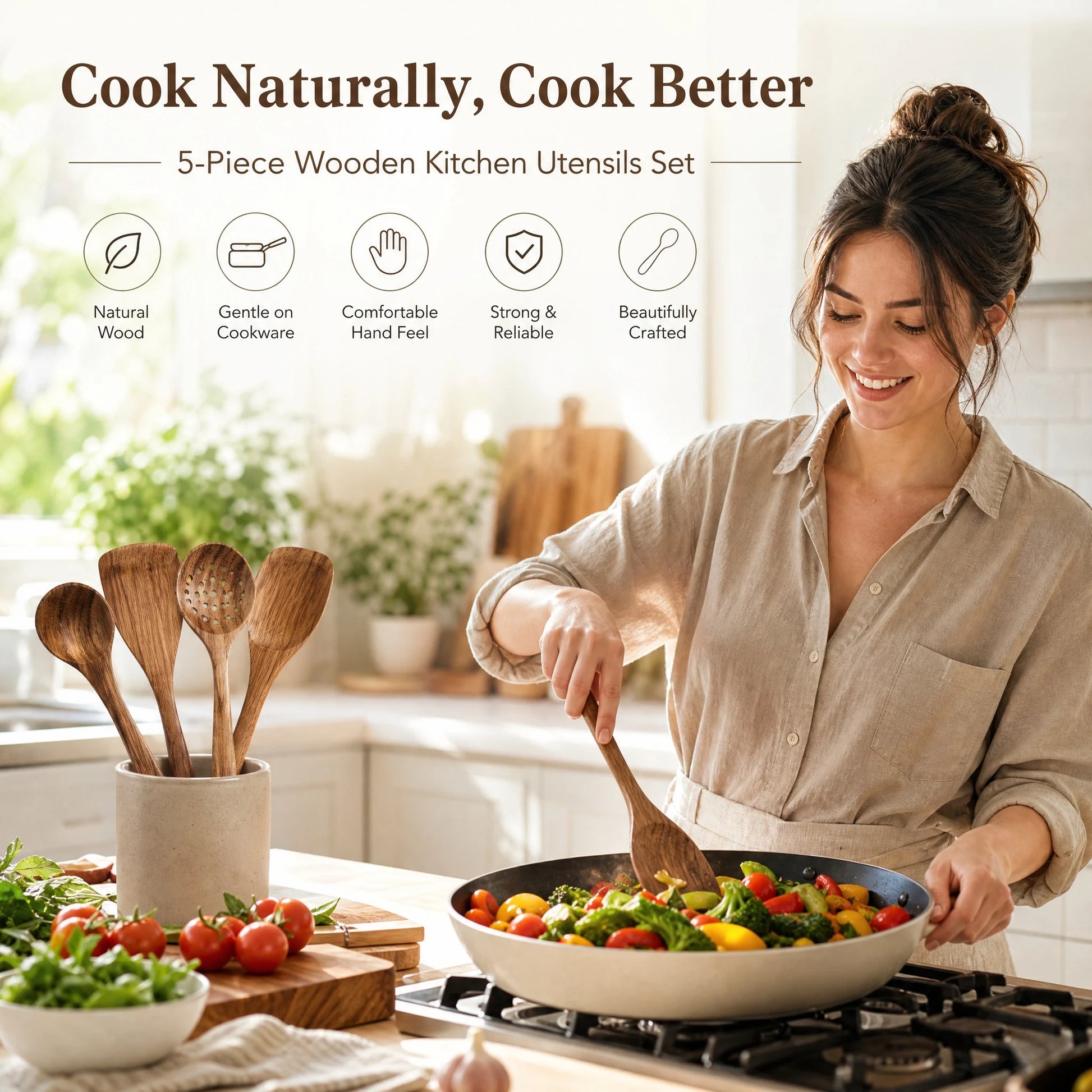 5-Piece Natural Wood Kitchen Utensil Set, Cooking Spoons & Spatulas — product photo 1