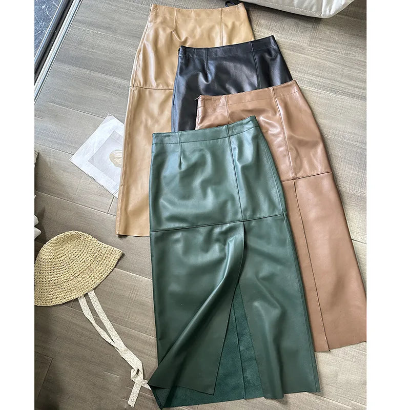 2024 Women’s High-Waist Real Leather Pencil Skirt – Sexy Split Wrap Design