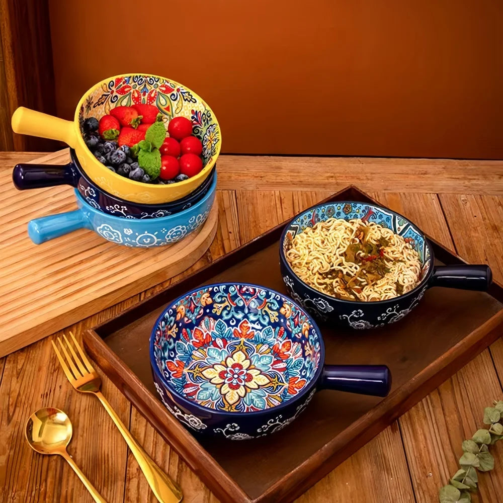 Bohemian Hand-Painted Ceramic Salad Bowl — Embossed Patterned Bakeware with Handle — view 4 of dining & tableware
