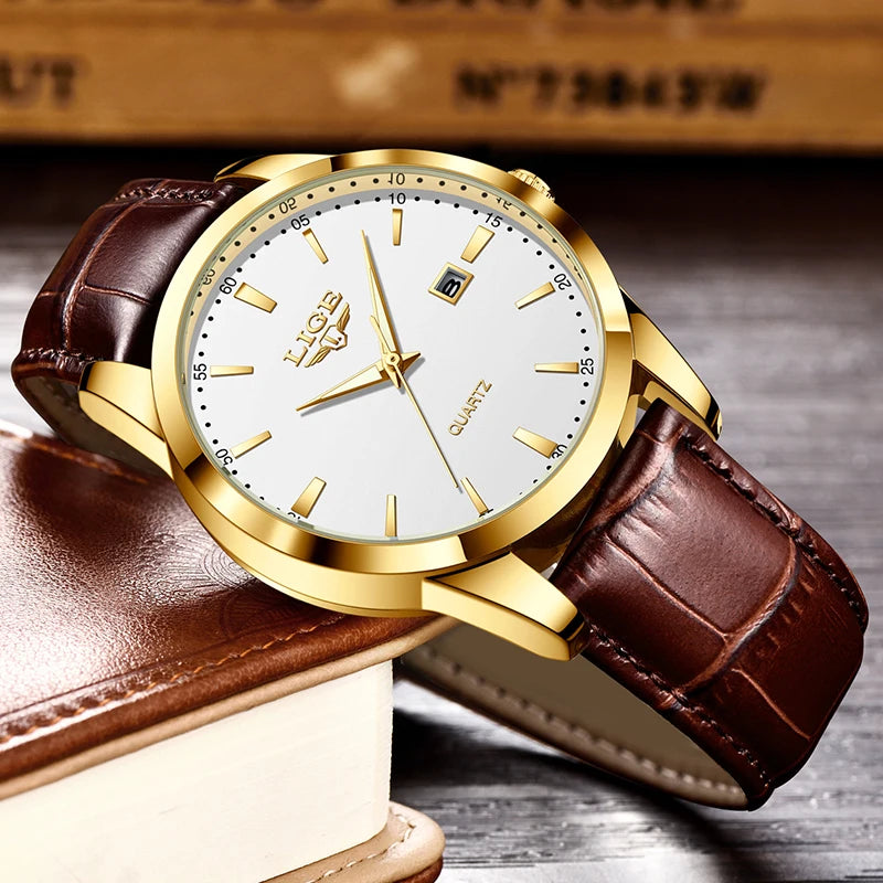 LIGE Men's Brown Leather Watch — Military Sport Quartz Chronograph Wristwatch — view 2 of watches