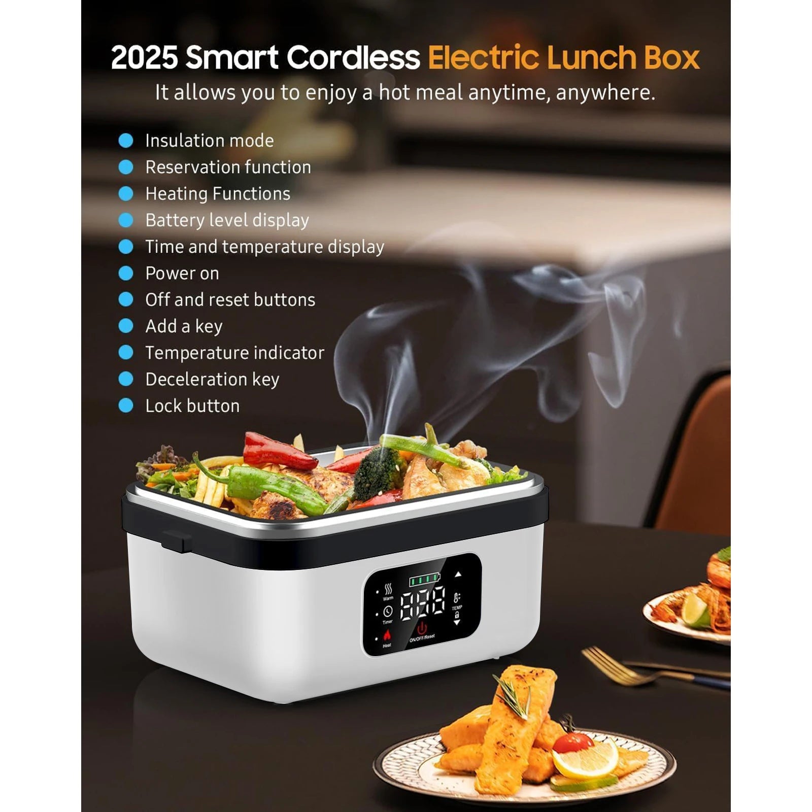 8000mAh Rechargeable Heated Lunch Box 1L Portable Electric Food Warmer with Timer Stainless Steel Container — view 4 of food storage