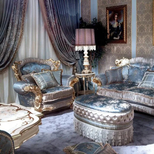 French Palace-Style Royal Sofa Set – Gold & Blue Luxury Living Room Furniture