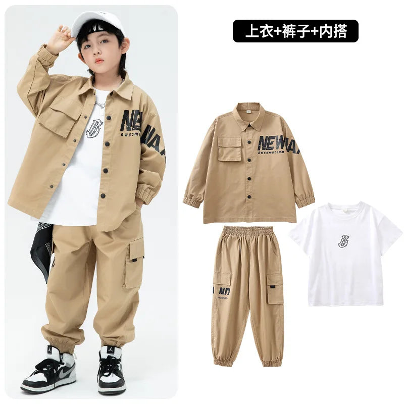 Kid Kpop Hip Hop Clothing Khaki Shirt Jacket Casual Streetwear Cargo Jogger Pants for Girl Boy Jazz Dance Costume Clothes Set