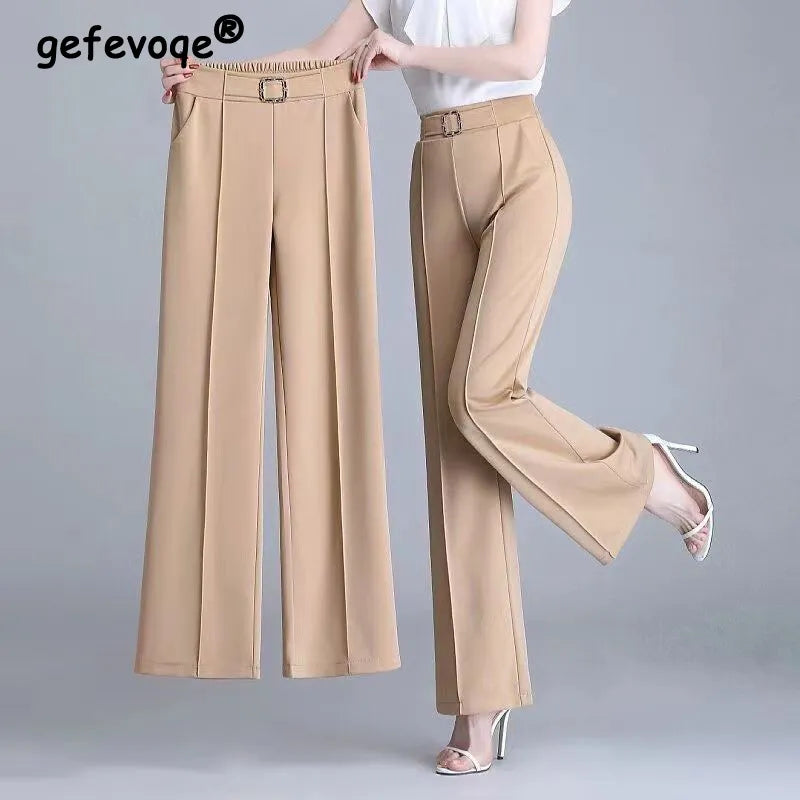 Elegant Fashion Office Lady Belt Straight Suit Trousers Women 2024 Spring Summer High Waist Leg Pants 4XL