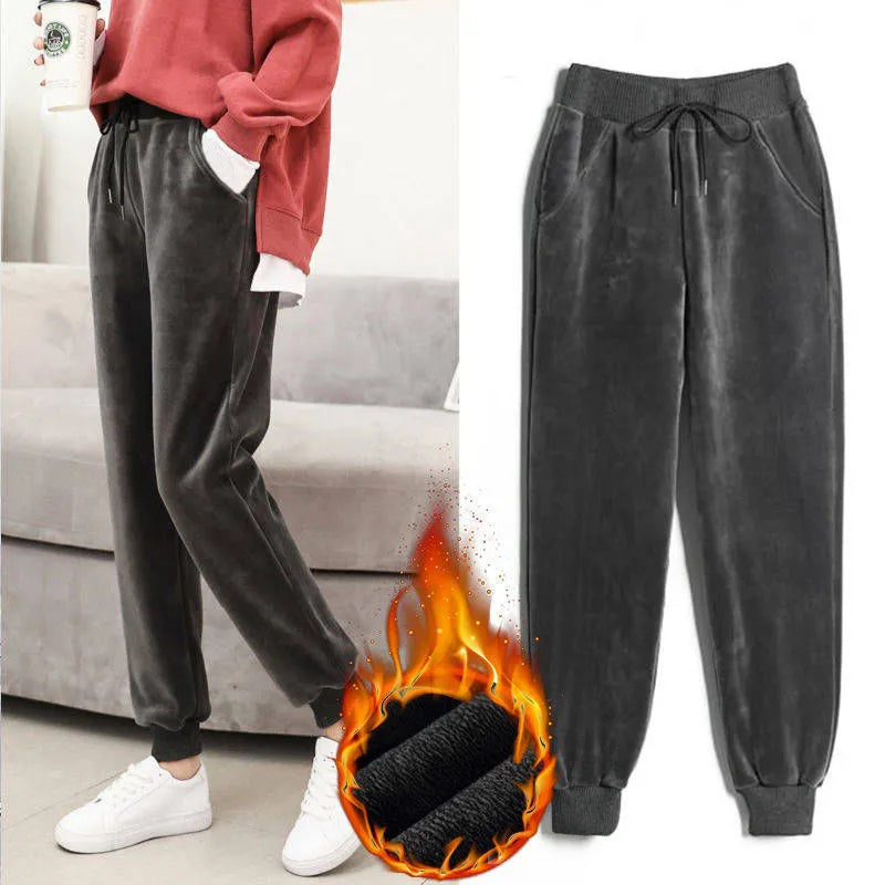 Slim Women Pant Winter Lambskin Cashmere Pants Warm Female Casual Pants Harem Pants Lined Fleece