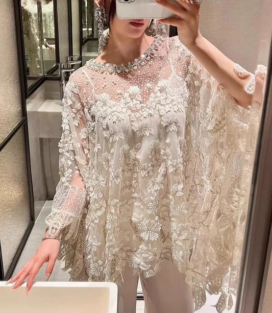 Luxury Embroidery Cloak Top O Neck Looose Asymmetrical Elegant White Blouse Handmade Beading Two-piece Sexy Sheer Mesh Shirt