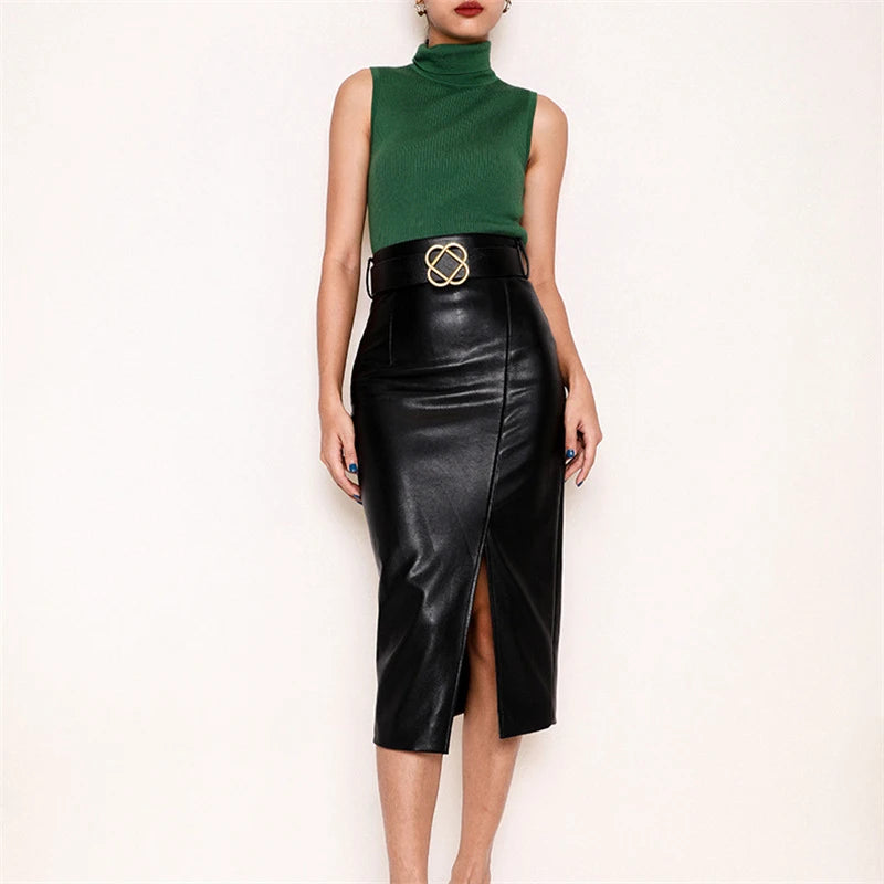 Black Real Sheepskin Skirt Elegant Office Ladies Sexy High Waist Split Bodycon Skirts Fashion Genuine Leather Over Knee Skirts