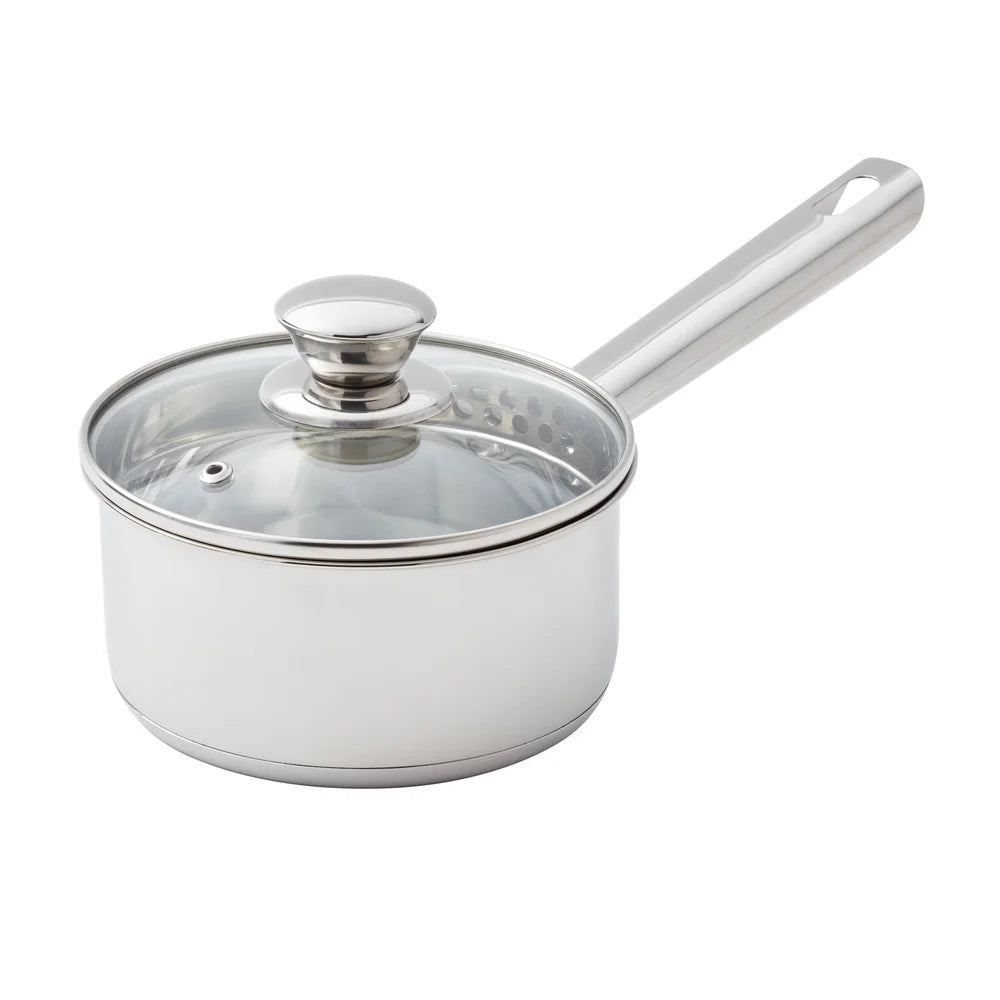 Stainless Steel Saucepan 1Qt Oven-Safe with Straining Lid Pour Spouts Gas Induction Compatible — view 2 of cookware