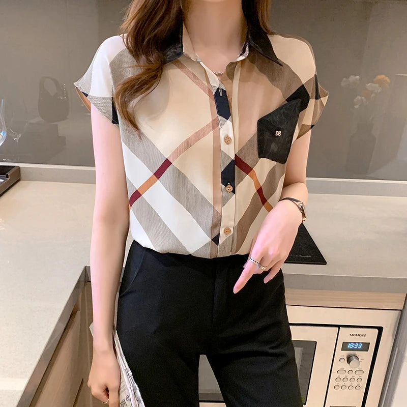 Summer Women's Short Sleeved Lapel Casual Flying Sleeve Printed Versatile Chiffon Tops Womens Blouse Camisas Blusas Mujer A968