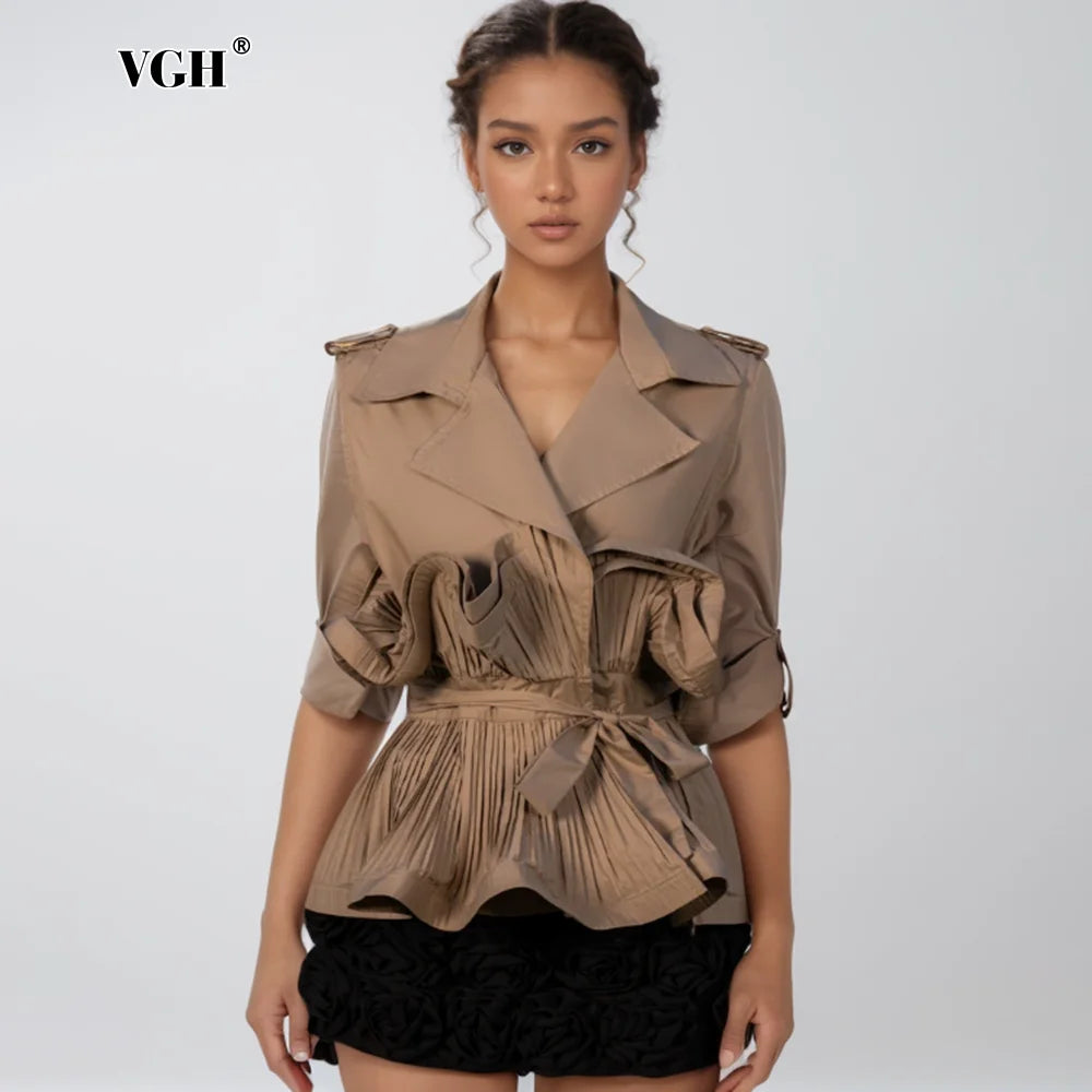 VGH Patchwork Folds Design Sense Elegant Blouse For Women Lapel Sleeveless Tunic Temperament Spliced Belt Shirt Female Style New