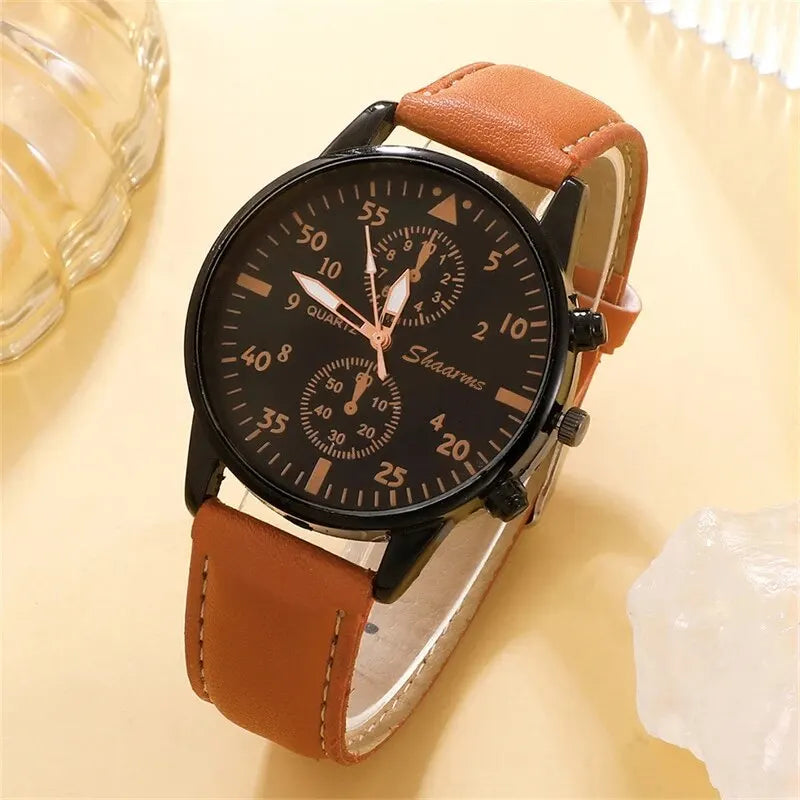 Men's Luxury Watch & Bracelet Gift Set — Fashion Business Brown Leather Quartz Wristwatch — view 3 of watches