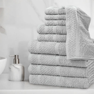 Bath Towels 10-Piece Cotton Set — Popcorn-Textured Border, Soft Absorbent Durable Machine-Washable