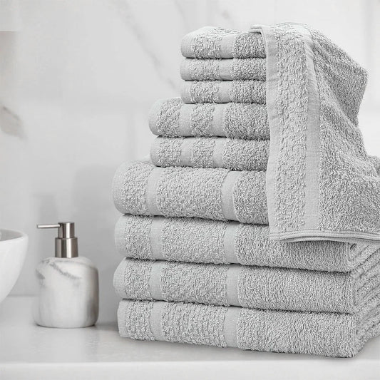 Bath Towels 10-Piece Cotton Set — Popcorn-Textured Border, Soft Absorbent Durable Machine-Washable