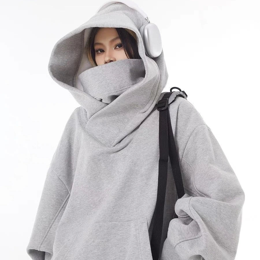 Men’s Solid Color Ninja Hoodie – Vintage Turtleneck Fleece Oversized Sweatshirt for Autumn Y2K Streetwear