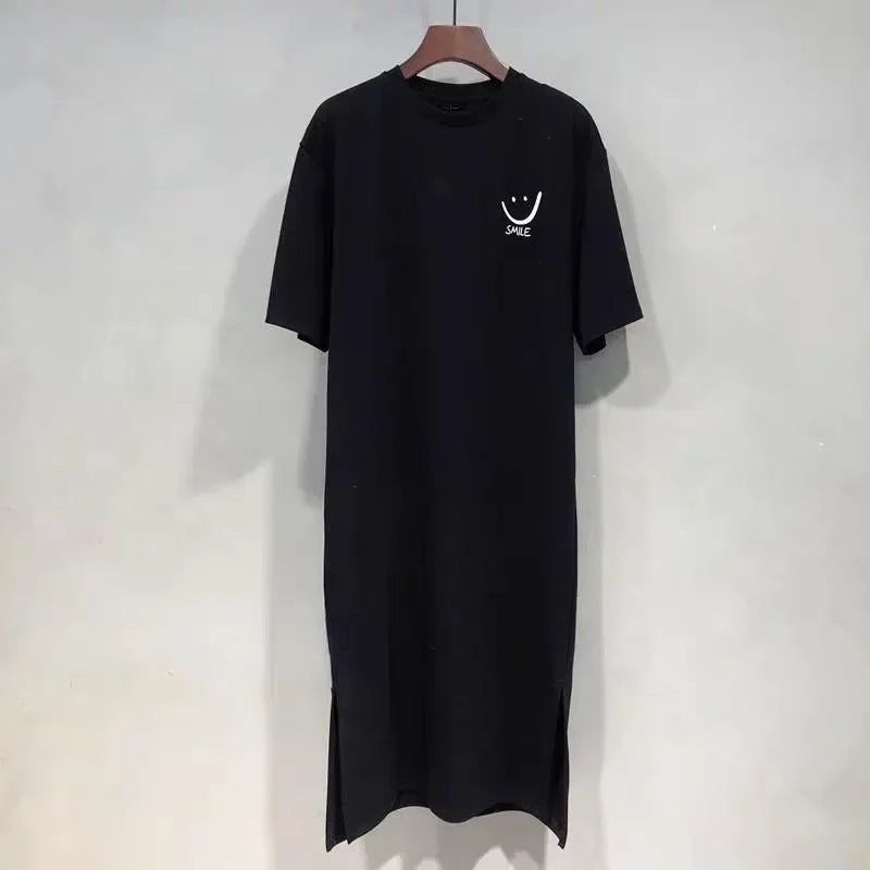 2025 Plus Size Summer Women's Smiley Side-Slit T-Shirt - Casual Loose Fit Dress — view 6 of product