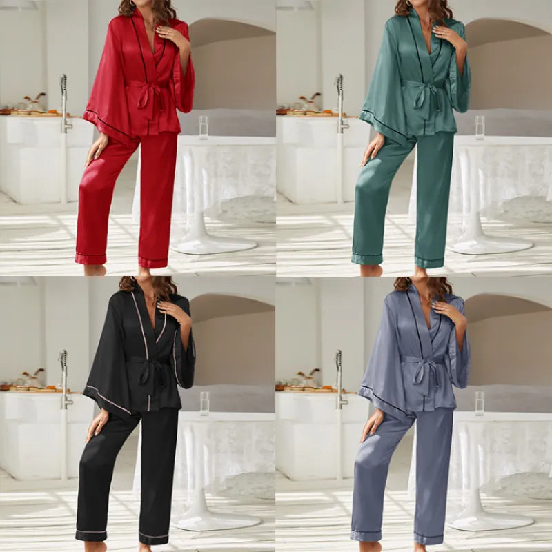 2 Piece Set Women Pajamas Satin Sleepwear Long Flared Sleeve and Long pant Fallow V-Neck Collar Casual