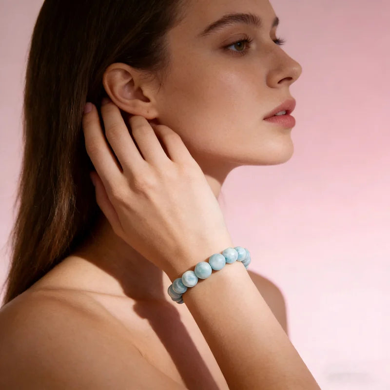Crystal & Gemstone Larimar Stretch Bracelet — 8mm Natural Blue Bead Jewelry for Women — view 5 of crystal & gemstone