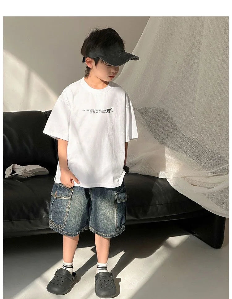 Boys Jean Shorts Kids Eastic Band Short Pant Teenagers Cargo Trousers 2024