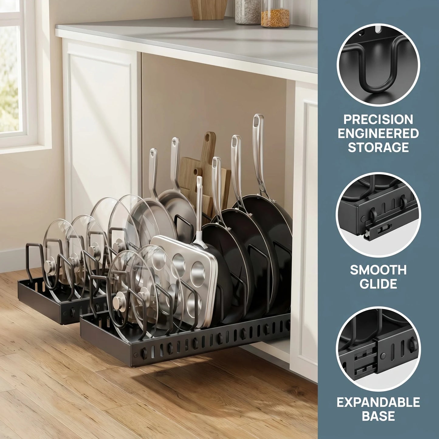 Pull-Out Cabinet Organizer, Sliding Pot Lid & Pan Rack — product photo 2