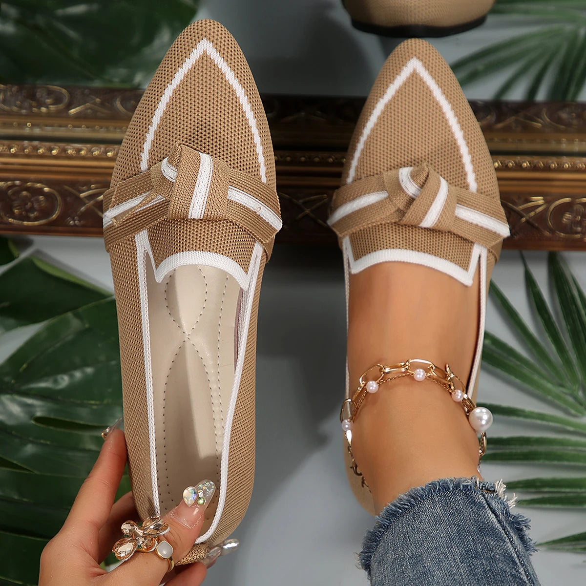 Flats & Ballet — Knit Pointed-Toe Quiet-Luxury Flats, Breathable Solid-Color Slip-Ons — view 9 of flats & ballet