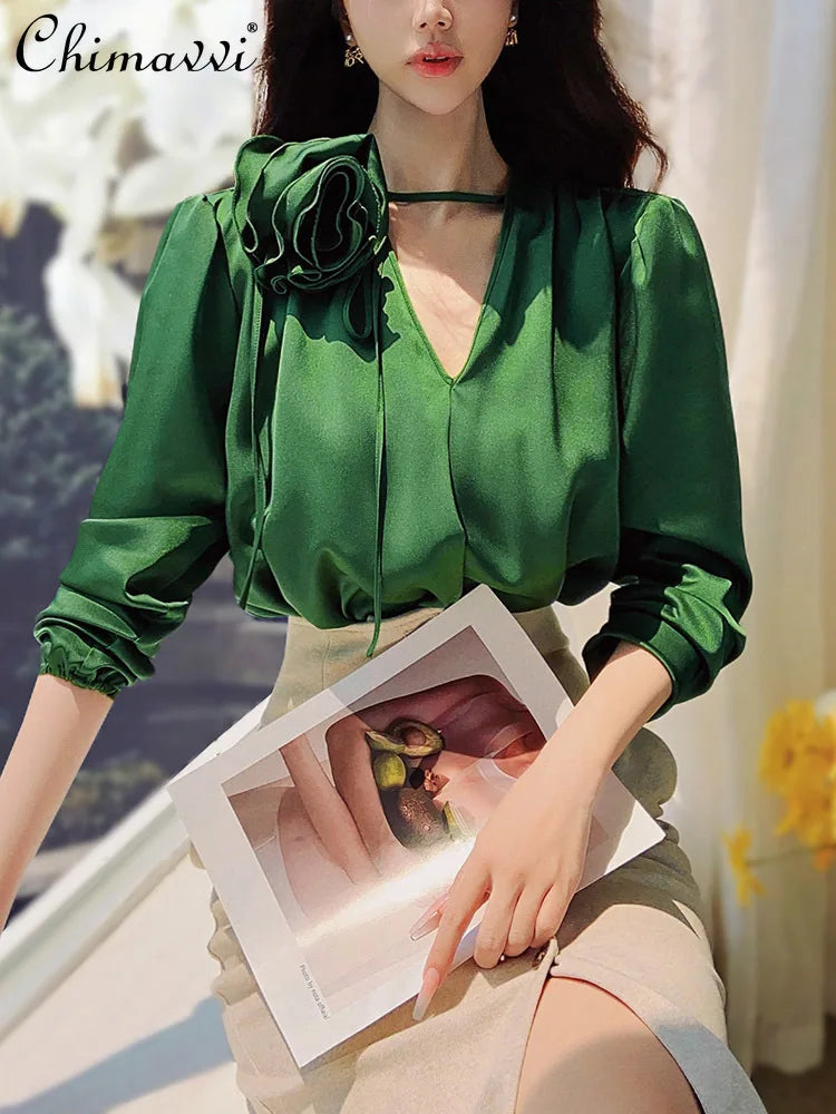 New Fashion Three-dimensional Flower Green Shirt Top Spring and Autumn Commuting Long-sleeved Loose Elegant Blouse Women Blusas