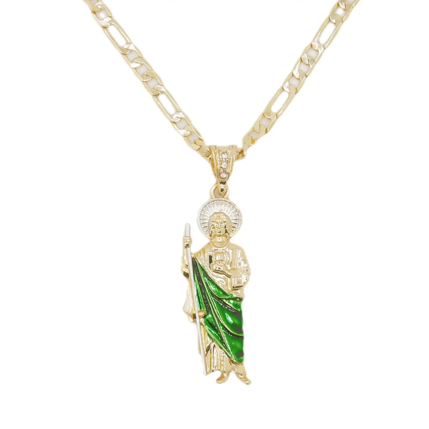 Saint Jude Necklace — 14K Gold Plated San Judas Pendant Figaro Chain Jewelry — view 6 of jewelry