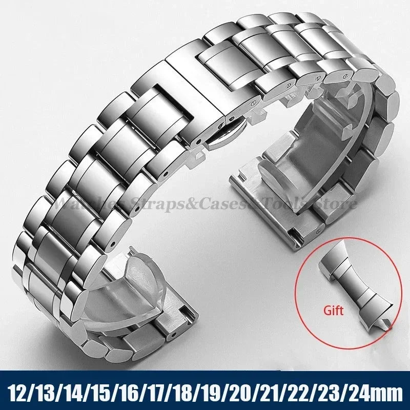 Curved-End Stainless Steel Watch Strap — Universal 12/13/14/15/16/17/18/19/20/21/22mm Band — view 1 of watch straps