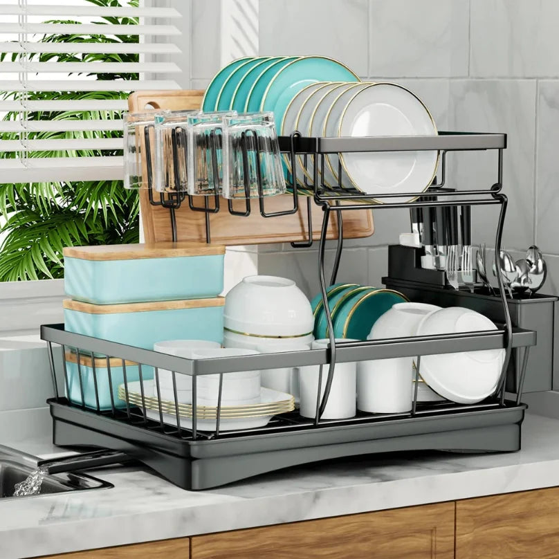 Large 2-tier dish drying rack for kitchen countertops, removable large-capacity dish draining rack — view 1 of product