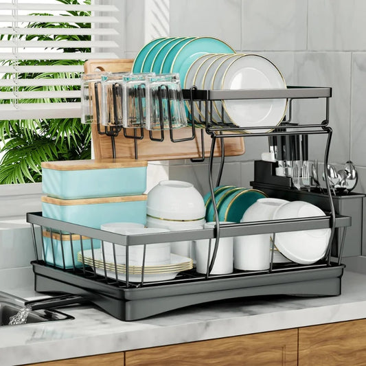 Large 2-tier dish drying rack for kitchen countertops, removable large-capacity dish draining rack — view 1 of product