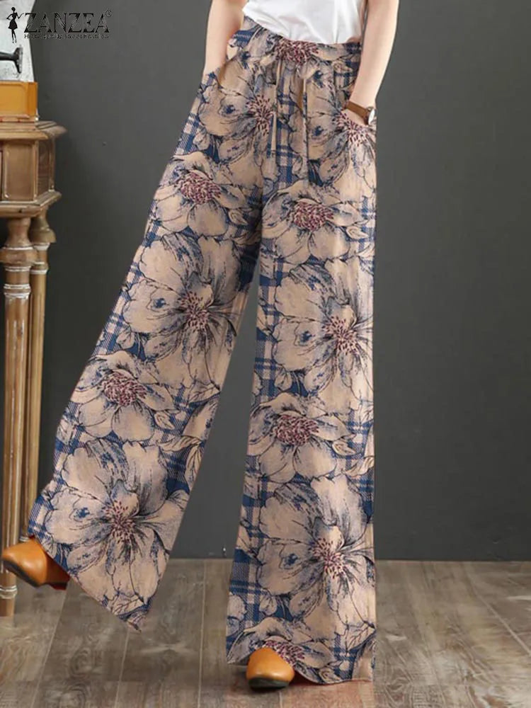 ZANZEA Bohemian Floral Printed Pants Autumn Fashion Wide Leg Vintage Elastic Palazzo 2024