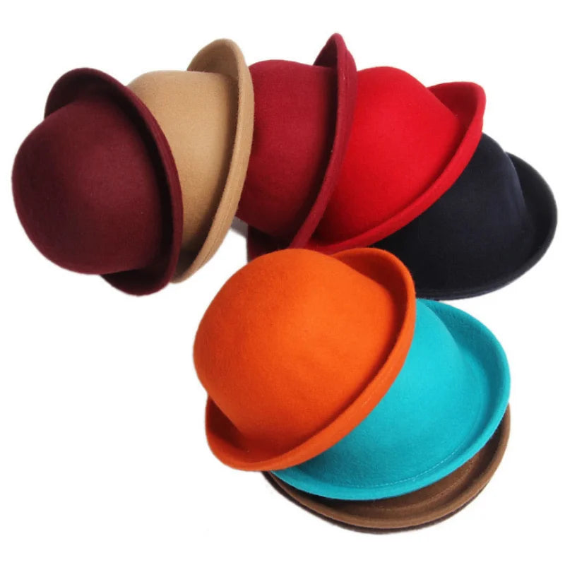 Flat-Top Fedora Hat – Pure Color Imitation Wool Wide-Brim Bowler Hat for Adults & Children