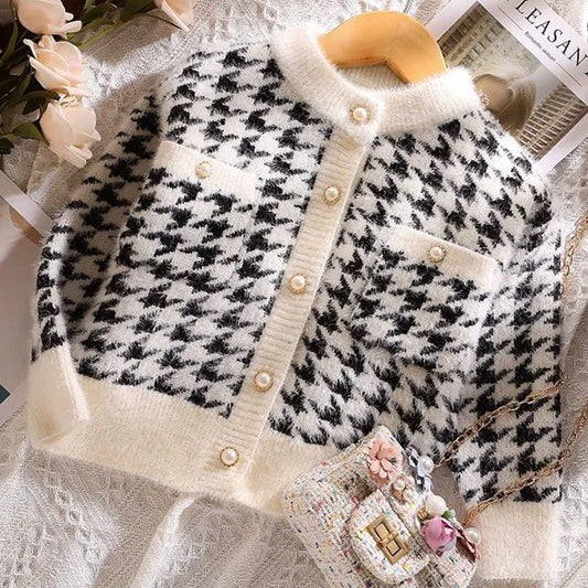 Girls' Autumn Winter Y2K Sweet Houndstooth Cardigan Long Sleeve Kawaii Kids Sweater Fashion Lively Cute Korean Children's Tops