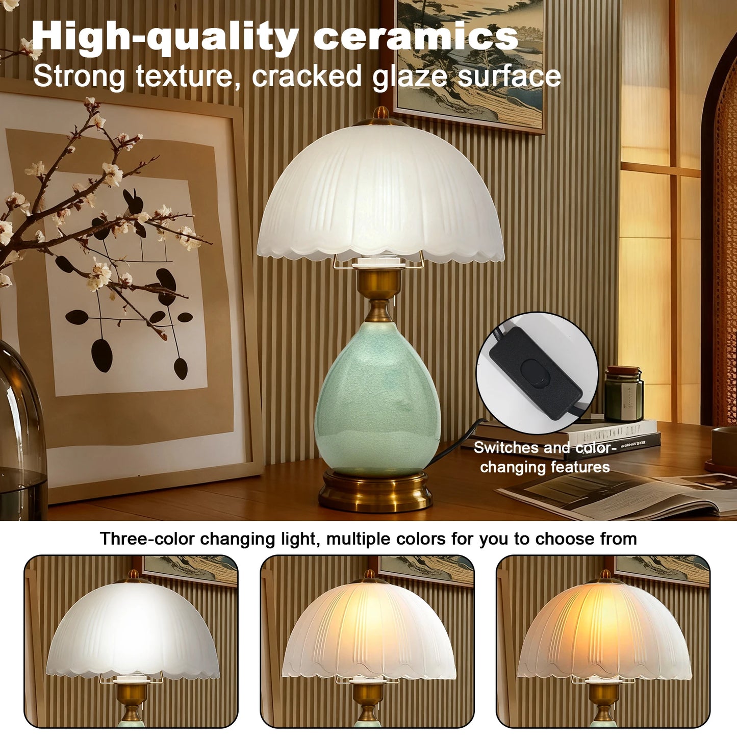 Chinese Green Ceramic Table Lamp &mdash; 16 in Vintage Bedside Lamp with 3-Color Dimmable LED — view 5 of lighting