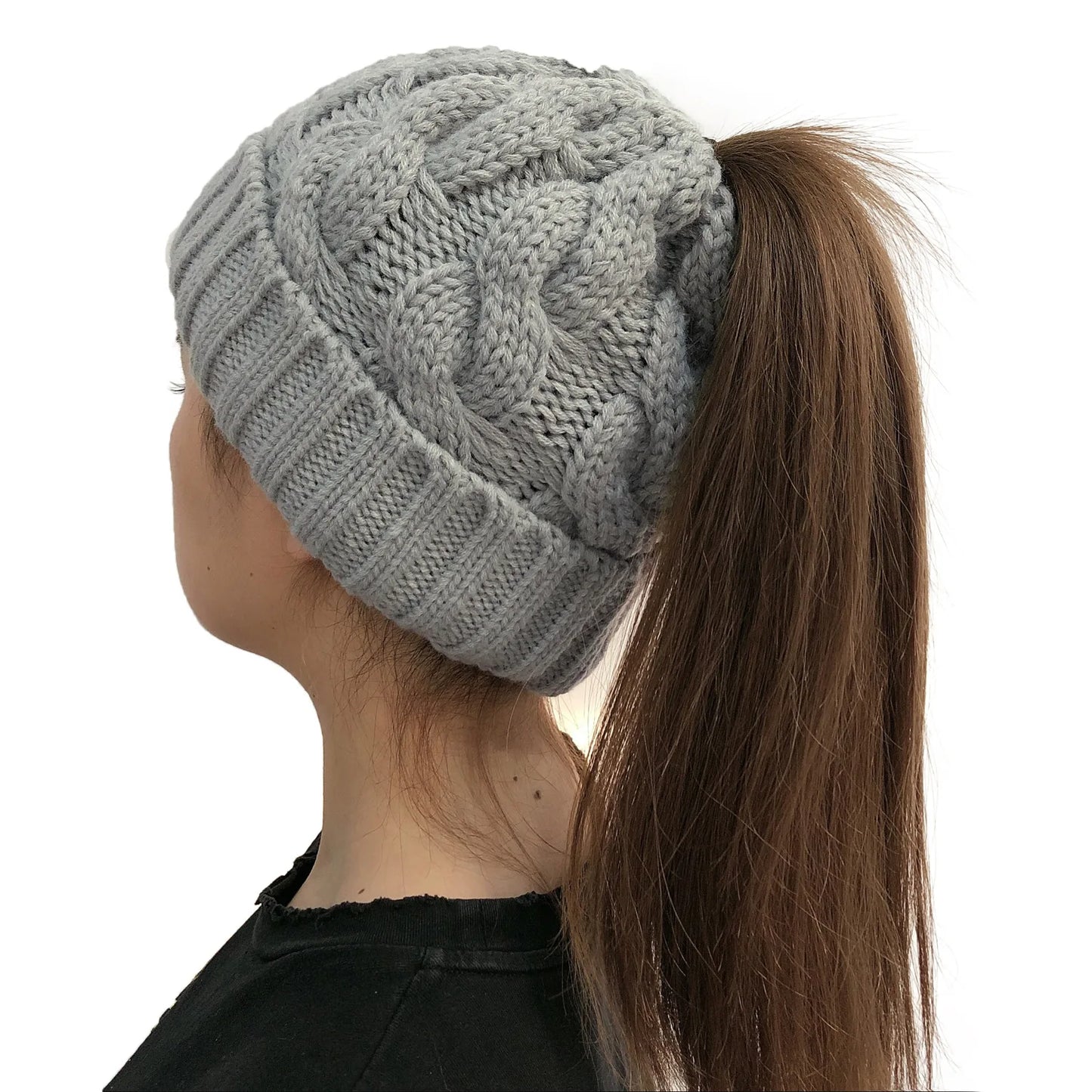 Women Winter Hats Beanies Knitted Girls Cap Twist Crochet Winter Hats For Female Pompom Beanie Ear Braid Ponytail Hat Skullies