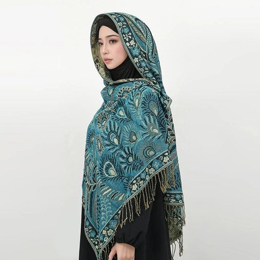 Cashmere-Feel Paisley Scarf Luxury-inspired — Tassel Hijab Pashmina Shawl Wrap, Blue Palette — view 1 of scarves & wraps