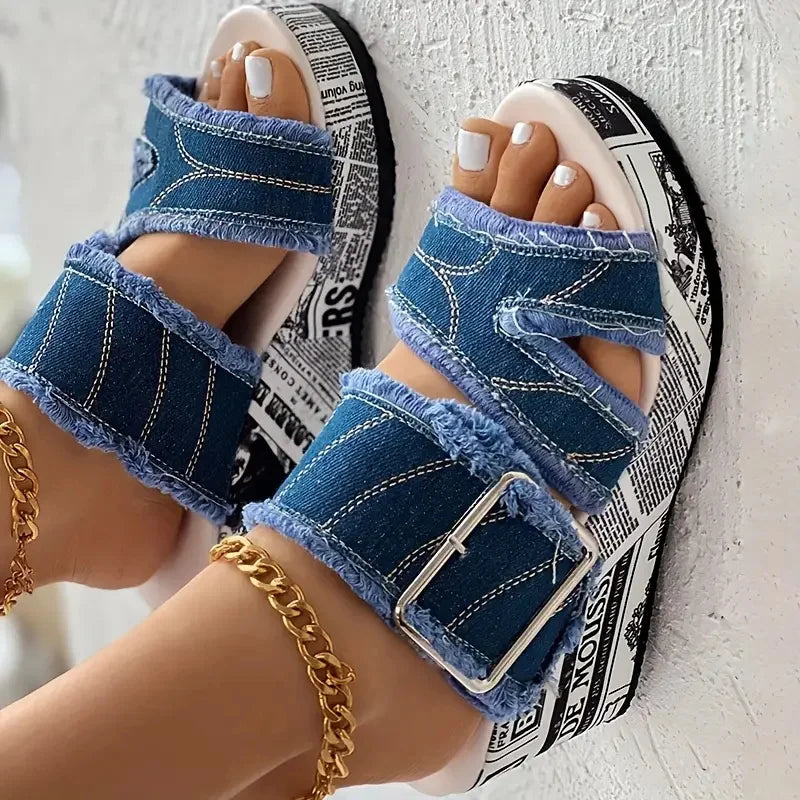 Sandals & Slides — Buckled Denim Platform Wedge Sandals, Y2K Vacation Slides — view 1 of sandals & slides