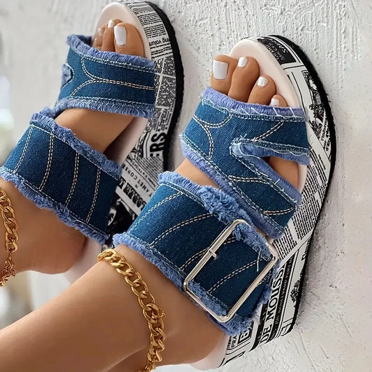 Sandals & Slides — Buckled Denim Platform Wedge Sandals, Y2K Vacation Slides — view 1 of sandals & slides